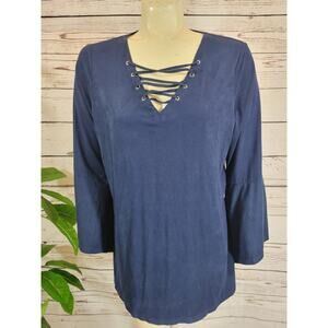 Relativity Vegan Suede Lace Up Blouse Top Navy Blue 3/4 Bell Sleeve Large